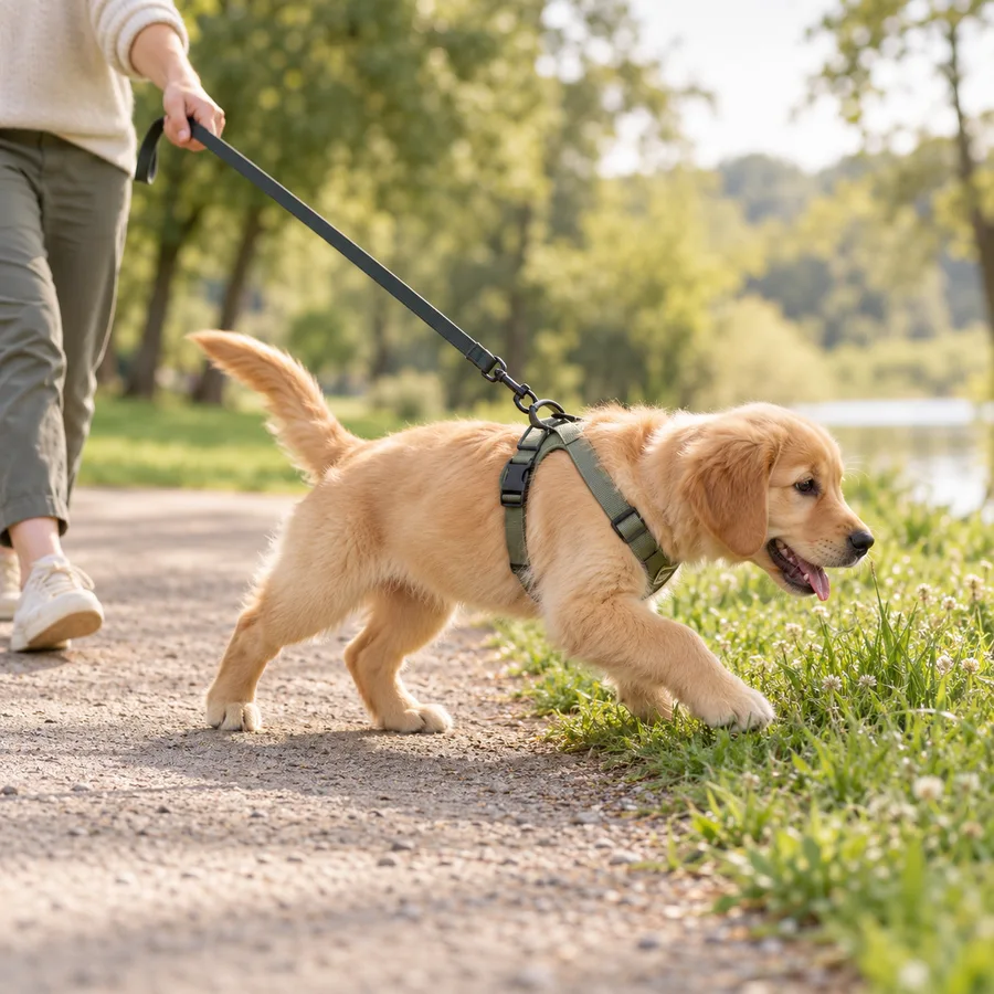 Puppy pulling forward on a taut lead