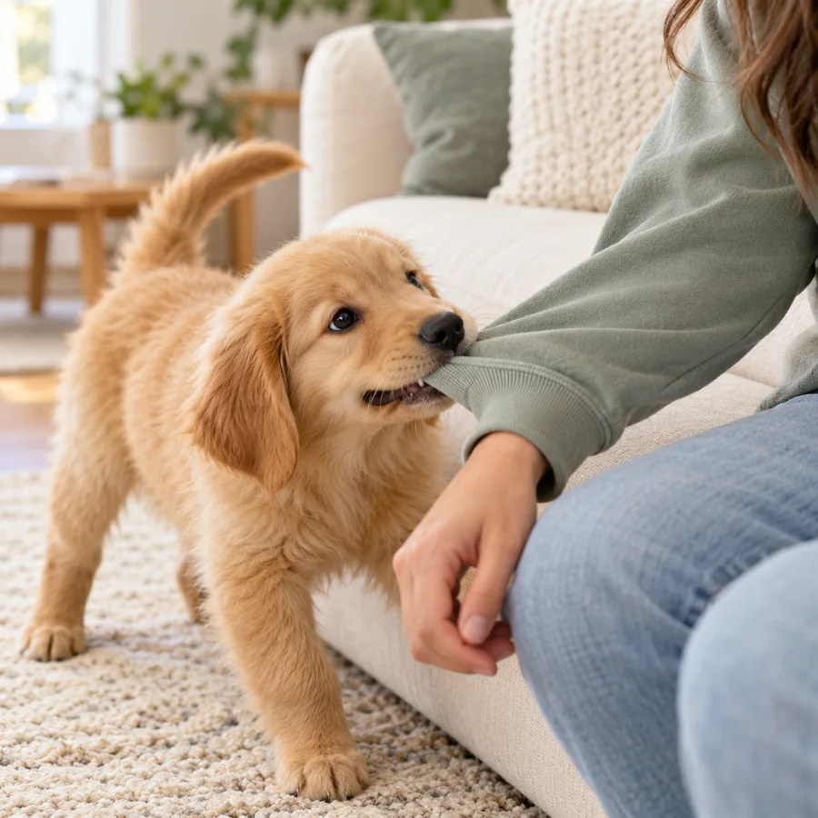 Puppy biting and tugging a sweatshirt sleeve