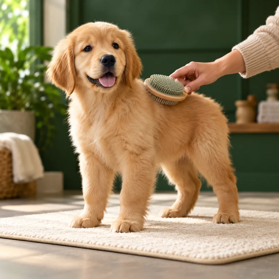 A puppy standing willingly during a gentle brush introduction