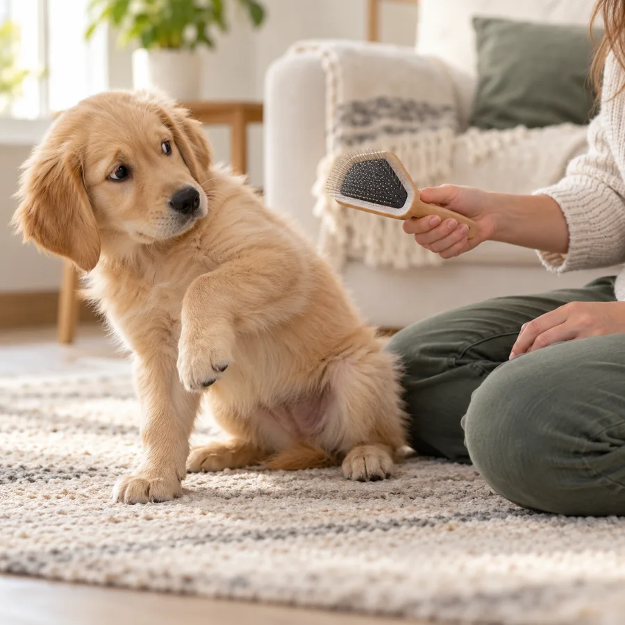 Puppy pulling away from a grooming brush