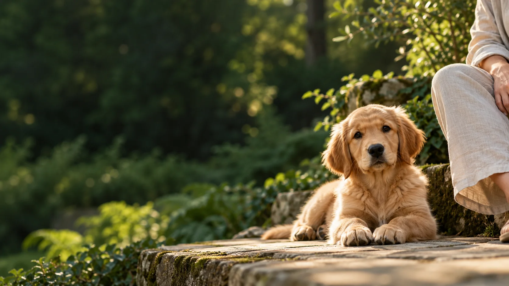 A golden puppy resting comfortably beside their person in a quiet garden
