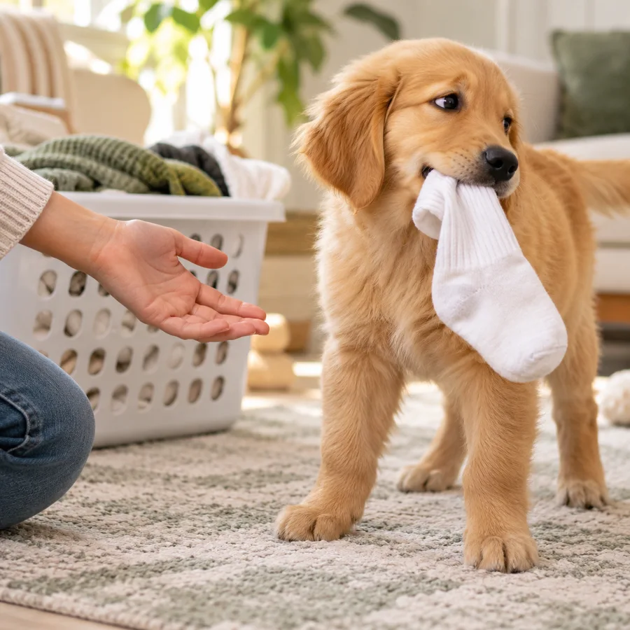 Puppy holding a stolen sock instead of letting go