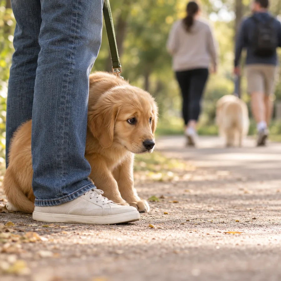 Puppy hiding behind their person as people and dogs pass